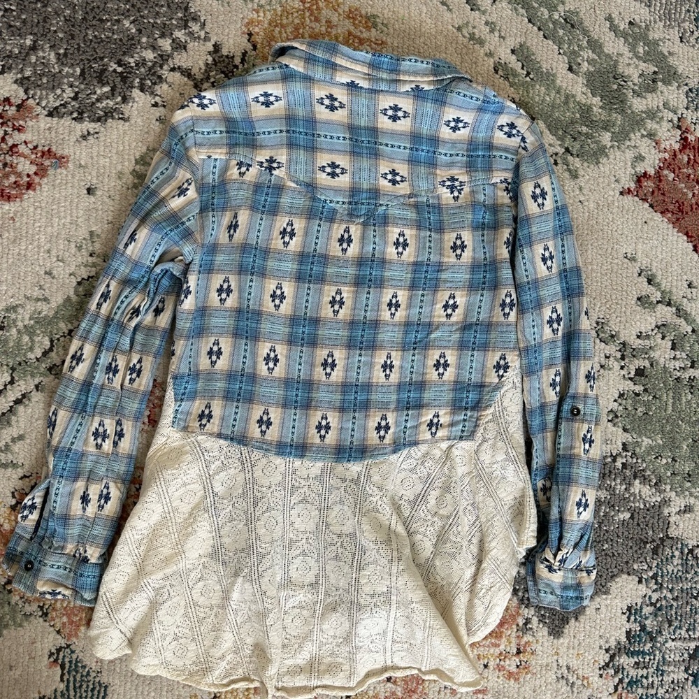 VTG 90s Angie Women S Southwestern Button Up Top Lace Peplum Blue Plaid Boho - Picture 10 of 15